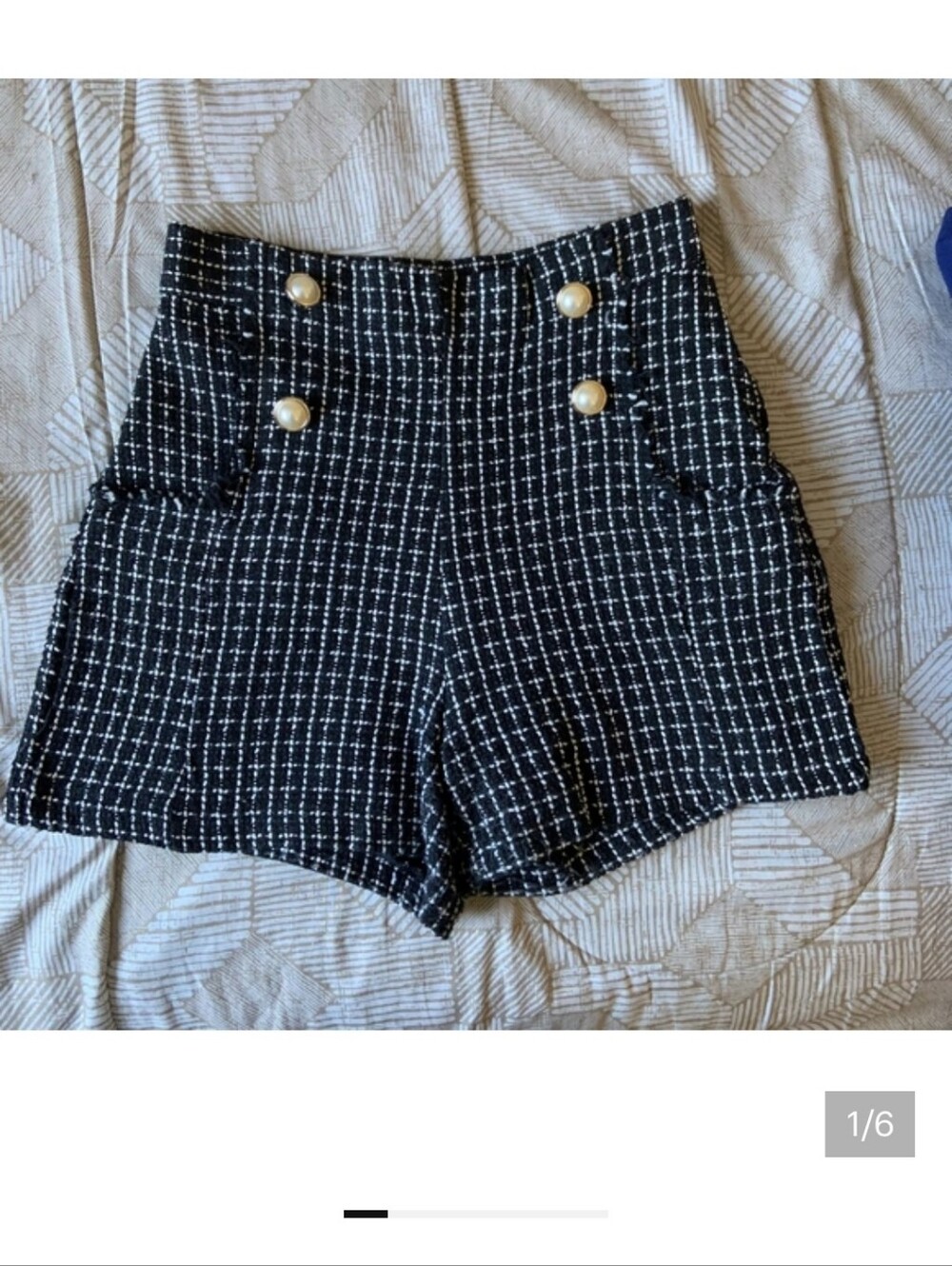 liberty Black & White Tweed High-Waist Shorts with Gold Buttons